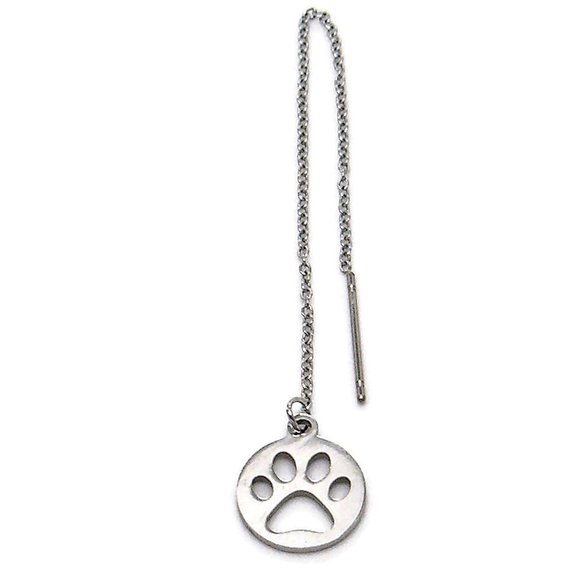 Paw Print Pet Dog Cat Silver Ear Threads Threader Earrings 4.5" Adjustable 17ET - Picture 2 of 4